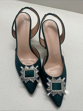 Emerald Green Pointed Slingback Heels with Crystal Buckle